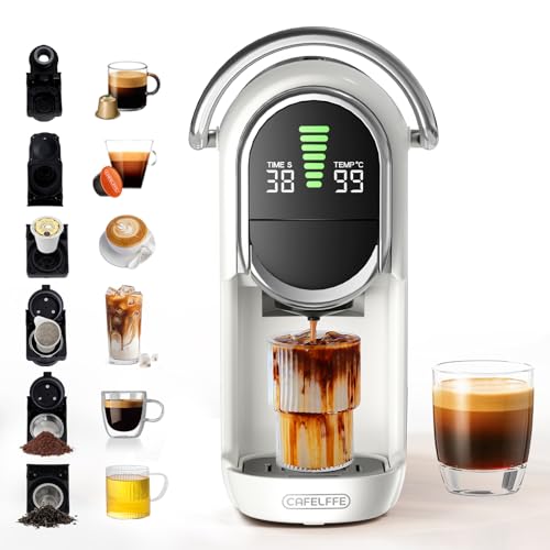 CAFELFFE MK-609S 6-in-1 Capsule Coffee Machine with Automatic Pressure Release Temperature & 7-Level Coffee Volume Adjustment | 6 Adapters Optional For Capsules Tea Leaves and Coffee Grounds | White