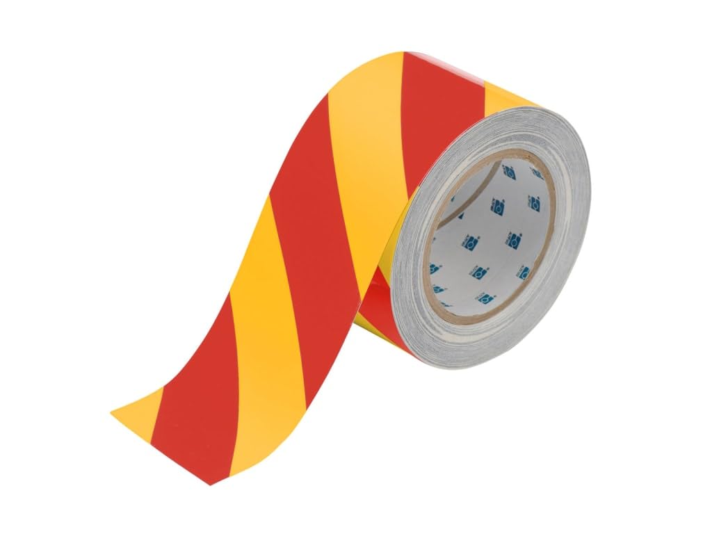 Brady ToughStripe Floor Marking Tape Roll - Polyester, Diagonal Stripes, Red on Yellow, 3" x 100'
