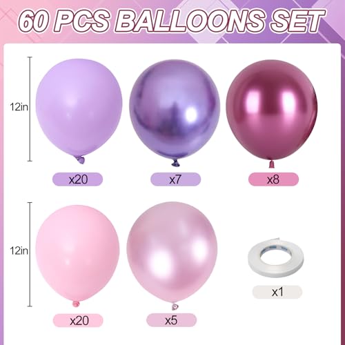 Image of Pink and Purple Balloons, 60 PCS 12 Inch Metallic Purple and Pink Latex Balloons for Girls Princess Birthday Baby Shower Wedding Party Decorations