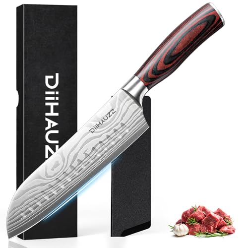 DiiHAUZZ Santokumesser 18cm, Scharfes Hochkohlenstoff-Edelstahl Küchenmesser mit 12° Klinge, Ergonomischer Pakkaholzgriff, Profi Allzweckmesser für Fleisch, Obst und Gemüse