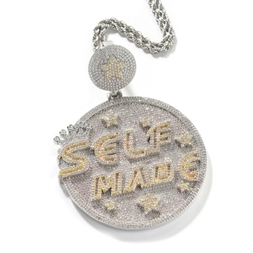 Iced Out Shiny Letter Self Made Round Medal Pendant with Round Stars Shape Necklace Jewelry