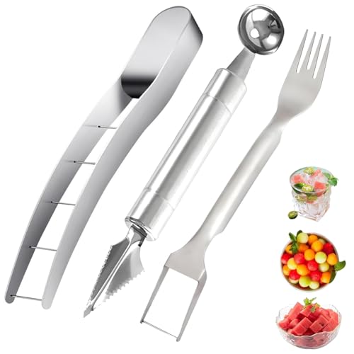 Wassermelonen Schneider 3 Stück Melonenschneider Edelstahl 2-in-1 Wassermelonen Gabel Schneider Melonenausstecher Obstschneider Melonenschneider für Obstsalat Wassermelone Cantaloupe Drachenfrucht