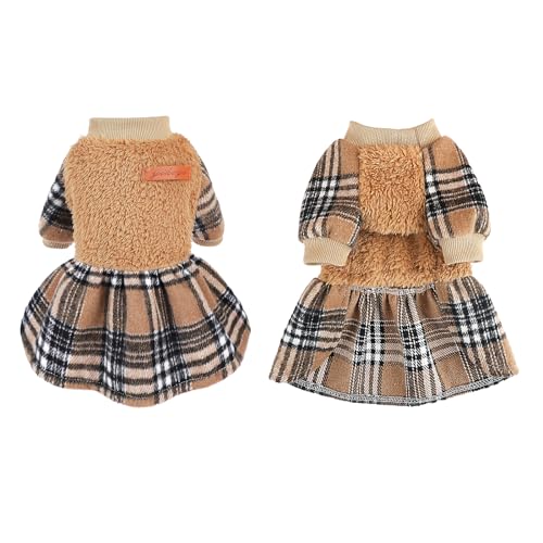 Image of Dog Sweater Dog Winter Clothes for Small Dogs Boy Girl Fall Puppy Dress Warm Fleece Chihuahua Yorkie Teacup Doggie Sweaters Dresses for Small Dogs Girl Cat Outfits, Brown Plaid, S