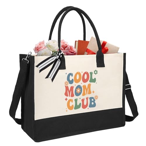 Image of XIKAINUO Mothers Day Gifts from Daughter Son, Cool Mom Club Canvas Tote Bag Shopping Bag with Zipper for Women Mother Birthday Christmas, Best Mom Ever Gifts Handbag Mom