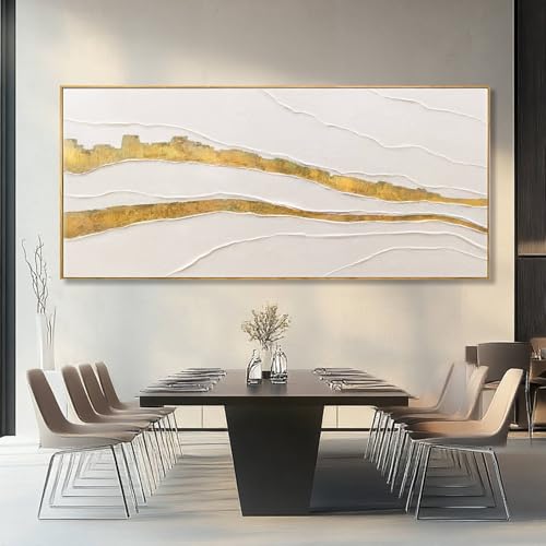 Image of VAYIMDH White and Gold Oil Painting Wall Art Abstract Wall Decor Line Hanging Art 32 inchx70 inch Large Artwork for Living Room Decorative Pictures for Office