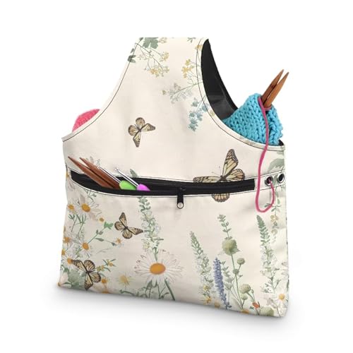 Image of ZUXONGSY Daisy Knitting Crochet Tote Bag Butterfly Knitting Yarn Storage Bag Organizer Lightweight Vintage Yarn Handbag with Holes for Crochet