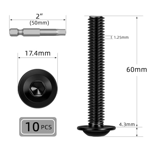 Image of M8-1.25 x 60mm 10 PCS Flanged Button Head Socket Cap Bolts Screws, Stainless Steel 304, Allen Socket Drive, Screwdriver Bit Included, Black Finish, Fully Machine Thread