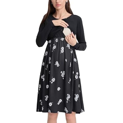 Liu & Qu Women's Maternity Nursing Dress Long Sleeve Round Neck Breastfeeding Clothes with Pockets Pregnancy Dresses Cover