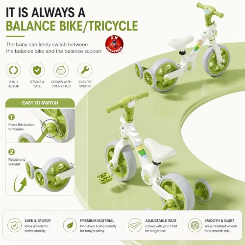 Image of 3-in-1 Kids Tricycle with Music & LED Light | Convertible Tricycle to Balance Bike | Ride-On Cycle for Kids10 Months to 3 Years (Green)