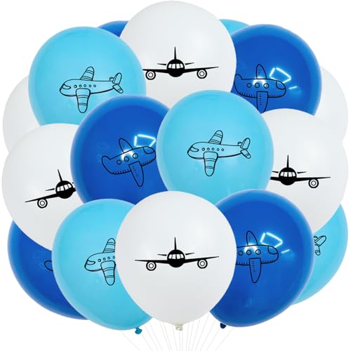 Koboko Lot de 18 ballons gonflables en forme d'avion, de 30 cm, à l'hélium, pour anniversaire, décoration d'anniversaire, d'avion, bleu et blanc,...