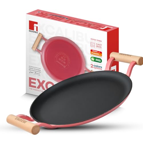Image of BERGNER Excalibur Lightweight Cast Iron Dosa Tawa 30cm, Double Sided Sturdy Handle, Non-Stick Coating, PFAS Free, Perfect Heat Distribution, Elegant Design - Induction Compatible (Pink)
