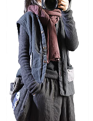 NFYM Women's Linen Vest Thin Quilted Mid Length Button Down Sleeveless Jacket with Hand Woven Pockets2