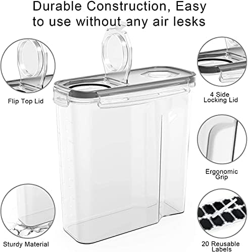 Large Cereal & Dry Food Storage Containers, Wildone Airtight Cereal Storage Containers for Sugar, Flour, Snack, Leak-Proof with Black Locking Lids - Set of 6 (4L /136.7oz) (Black)