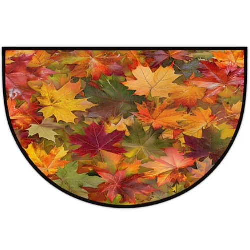 Image of cfpolar Half Round Door Mat Fall Maple Leaves Yellow Non-Slip Semi Circle Area Rug Washable Half Moon Hearth Rugs for Indoor Outdoor Bathroom Kitchen Patio Runner Mat Laundry Room Home Decoration