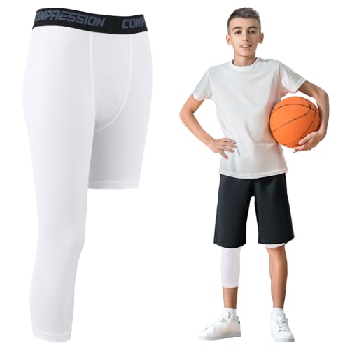 2Pack Basketball Leggings 3/4 One Leg Compression Tights Men Youth, Boys Compression Leggings Athletic Base Layer Pants for Sports Training Football Basketball (10-15 Years Old) White