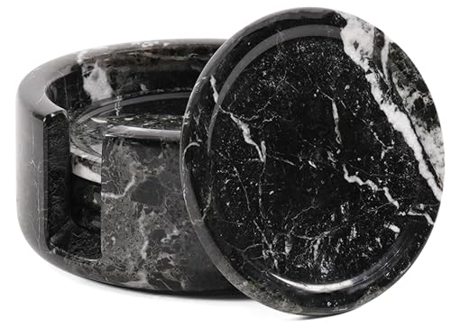 Radicaln Round Marble Coasters Set of 4 with Holder - Black Stone 3.5 Inch