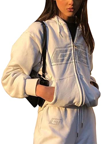 Beauace Sweat zippé Y2K imprimé et cardigan avec strass veste de sport surdimensionnée sweat de route à manches longues pour femme, Blanc A, S Cover