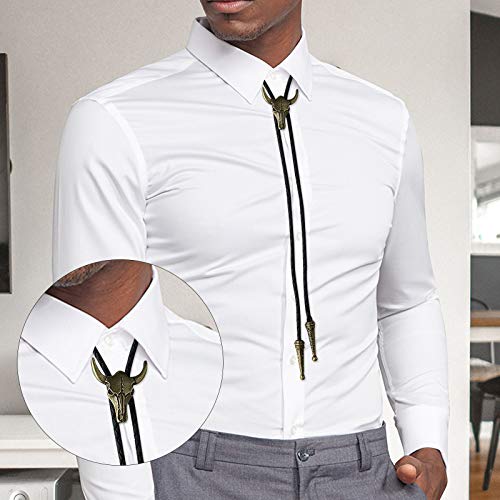 Creative-Idea 2Pcs Bolo Necktie Bootlace Cowboy Tie Set 39Inches Leather Rope Cow Skull And Eagle Inlaid Turquoise Design Western Rodeo Theme Brass Color #TOP1