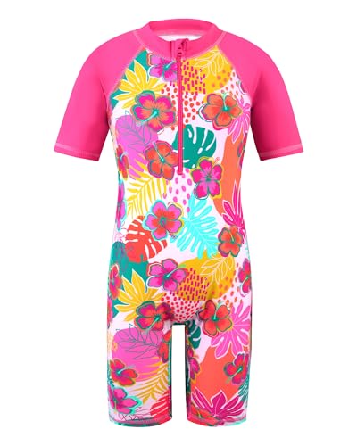 Image of TFJH E 1PCS Girls Short Sleeve Swimsuits UV 50+ Bathing Suits Sunsuits Zipper 2-14Y