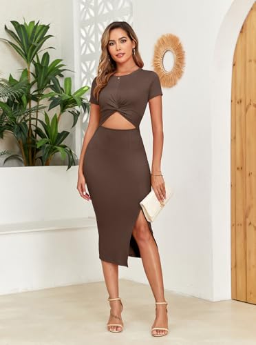 Image of oten Women's Summer Short Sleeve Cutout Twist Front Side Slit Ribbed Knit Party Club Bodycon Midi Dresses