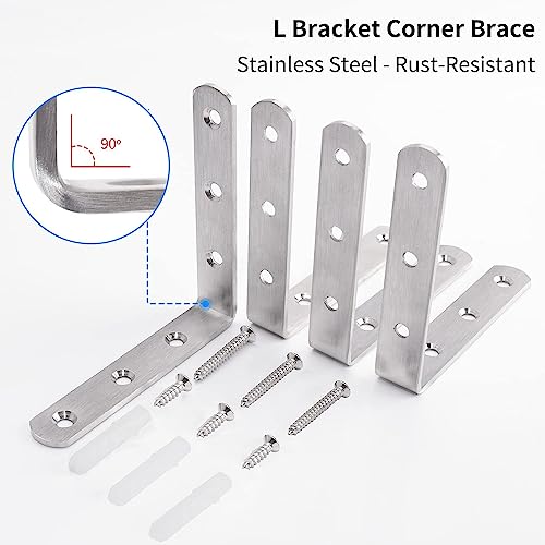 Image of YUMORE Stainless Steel Corner Brace 90 Degree Corner Bracket 100x100mm Right Angle L Brackets Small Wall Shelf Support, 6Pcs, Brushed Finish, with Screws