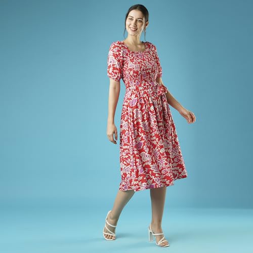 Image of Globus Women Teal Floral Print Smocked Square Neck Casual Fit and Flare Midi Belted Dress-3638174002