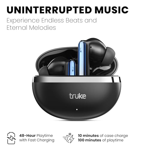 Image of truke [ Buds Q1 Lite True Wireless Earbuds with 48H Playtime, Crystal-Clear Calls, Fast Charging, Elegant Royal Design, Bluetooth 5.4, Noise Cancellation, Gaming Mode, Brand Warranty