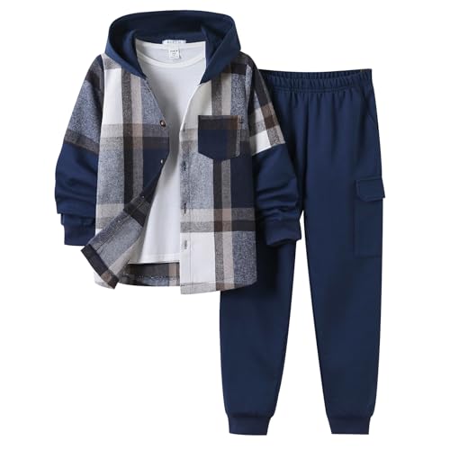 Image of 2Pcs Boys Clothes Sweatsuit Set Hoodie Flannel Plaid Shirt and Jogger Pants for Kids Fall Winter Spring Outfits