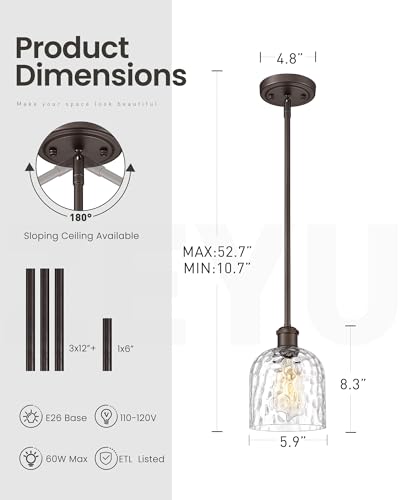 Image of zeyu 1-Light Island Pendant Light for Kitchen, Single Pendant Light Kitchen Island, Adjustable Hanging Lamp with Clear Hammered Glass, Oil Rubbed Bronze Finish, ZJF63MIL-L ORB