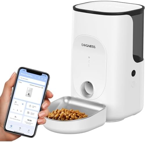 Automatic Cat Feeder with APP, DOGNESS 5000mAh Recharageable Battery Powered APP Control Dog Feeder 5G Wi-Fi Auto Dog Food Dispenser with Stainless Steel Bowl for Indoor Outdoor Use(White)