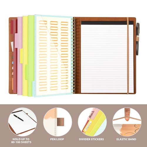 Image of Ospelelf Clipboard with Storage for Men Women, Leather Padfolio Portfolio Organizer 5 Folders with 10 Pockets, Spiral Clipboard Folio with Notepad for Letter Size, Elastic Closure and Pen Loop Brown