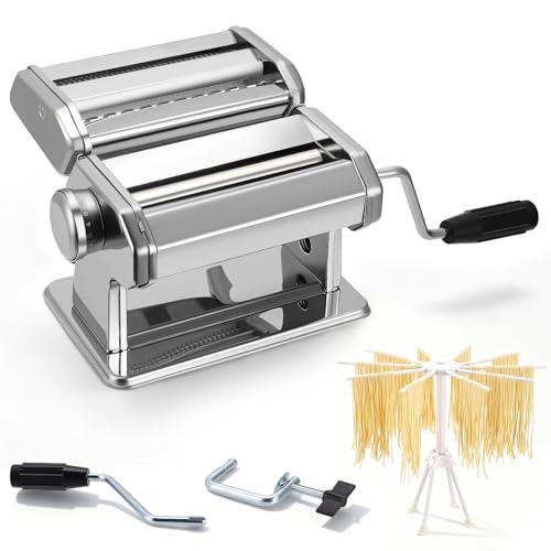 Yigowyigo Máquina de pasta manual de acero inoxidable con secador de pasta y pinzas de mesa, 9 máquinas ajustables para hacer pasta Tagliolini Spaghetti Fettuccine Tagliatelle