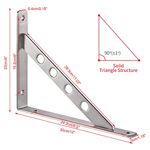 Image of YUMORE Shelf Bracket 12 inch Heavy Duty,Stainless Steel L Shaped Brackets Wall Mounted Floating Table Support with Hanging Holes Corner Brace 4mm Right Angle Joint Brackets, 2pcs, Max Load 400lbs