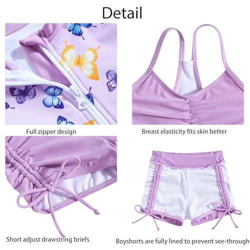 Image of Funnycokid Girls Swimsuit 3 Pieces Zip Rash Guard Bathing Suits Set Kids Bikini Boyshort Summer Swimwear 3-14 Years