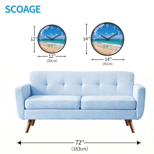 Image of 14'' Coastal Beach Wall Clock, Analog Clock with Digital Display | Silent Non-Ticking, Battery Operated, Shows Date Day & Temperature, Decorative for Living Room, Bedroom, Kitchen, Office
