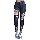 Ghemdilmn Damen Jeans Hosen Mit Löchern Zerrissene Hohe Taille Slim Stretch Straight Hosen Einfarbige Jeanshosen Boyfriend Stil Jeans mit Löchern
