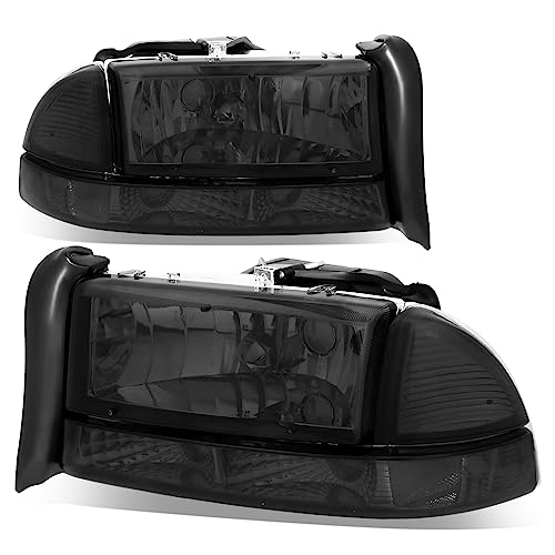 Auto Dynasty Headlights Assembly Compatible with 1997-2004 Dodge Dakota Durango, Driver and Passenger Side Halogen Headlamps Replacement w/Bumper Lamps, Smoked Lens Clear Corner