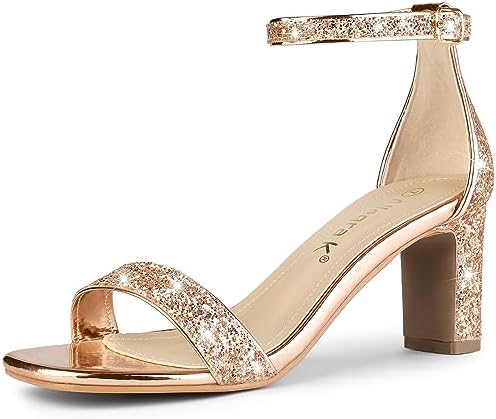 Allegra K Women's Glitter Ankle Strap Chunky Heeled Rose Gold Sandals 9 M US