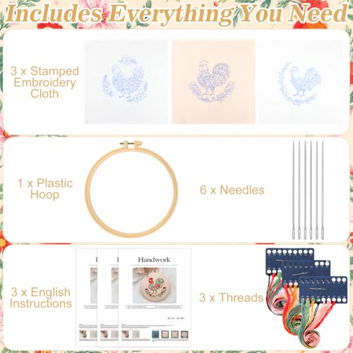 Image of Mindsoft 3 Set Needlepoint Kit for Beginners with Hoop,Flower Rooster | Bamboo Hoop Thread Needles Instructions, Easy Hand Embroidery for Beginners Home Crafts,Pre-stamped Funny Cute Designs