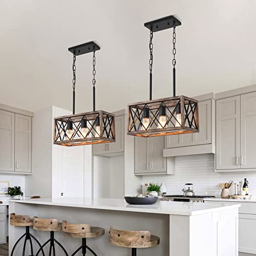 KEESFU Farmhouse Kitchen Island Lighting, 3 Lights Pendant Lighting Fixtures, Adjustable Height, Industrial Dining Room Light for Living Room Foyer Dining Table Over Sink. (Wood Grain Color) - Image 4