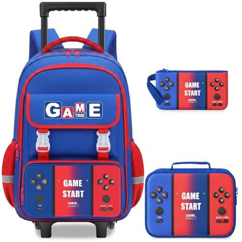 Meridova Mochila com rodinhas para meninos e meninas – Mochila gamer para crianças, adolescentes, ensino fundamental e médio, Conjunto de mochila vermelha e azul