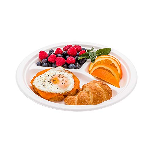 Restaurantware Bagasse Three Compartment Plate Round Compartment Plate Party Plate - 10" - Durable All Natural Premium Disposable Material - 100ct Box