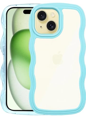 TWIKKA Cute Wavy Edge Back Cover for iPhone 13 | Transparent Soft TPU Case with Curly Frame | Shockproof Slim Design | Raised Camera Protection | Pastel Border Case for Women&Men (Blue)