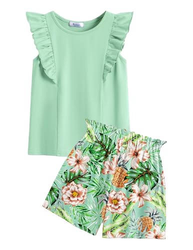 Image of Arshiner Girls Clothes Summer Outfits Ruffle Sleeve Tops and Paperbag Waist Shorts with Pockets Kids Clothing Set