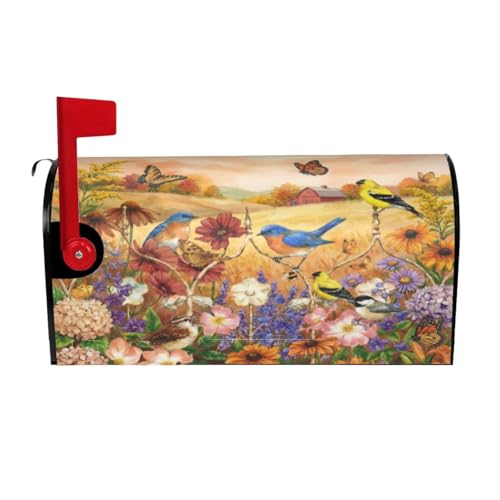 Image of Spring Rural Flowers Butterflies and Birds Mailbox Cover Magnetic Summer Floral and Bird Waterproof Mailbox Wraps Post Letter Box Decor 21x18 in