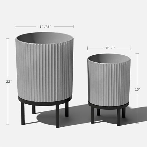 Image of Veradek Demi Series Raised Duo Planters - Set of 2 Planters with Stands | Made From a Durable Plastic-Stone Composite & Comes With Wooden Stand. Modern Porch /Patio Decor