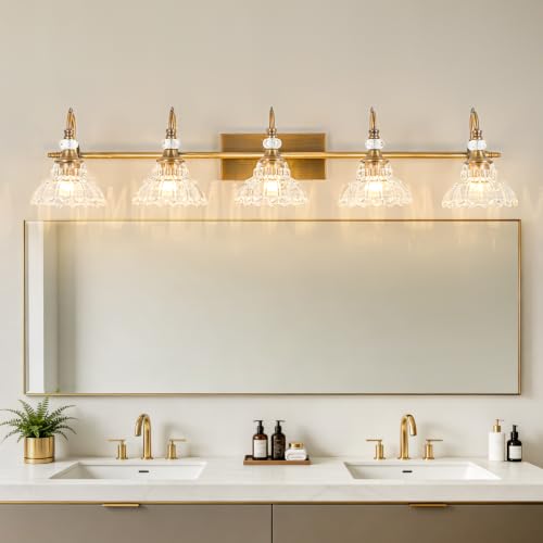 Image of Vintage Bathroom Vanity Light, 5-Light Matte Antique Brass Finish Wall Sconce with Hanging Crystal Accents and Flower-Shaped Clear Glass Shades, Retro Wall Mount Vanity Light Over Mirror for Bathroom