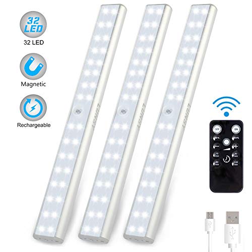 LUNSY 32LED Under Cabinet Lighting Rechargeable, 220lm, Wireless Closet Light with Remote, Counter