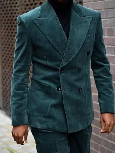 Mens Double Breasted Corduroy Suit 2 Piece Blazer with Pants Set for Casual,Wedding4