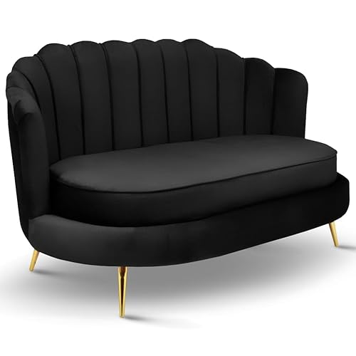 MG Design Sofa 2 Sitzer schwarz 150 cm - mit weicher Füllung, gesteppter Rückenlehne, mit goldenen Beinen, in Veloursstoff - Couch für Wohnzimmer, Gästezimmer, Wohnzimmer Möbel
